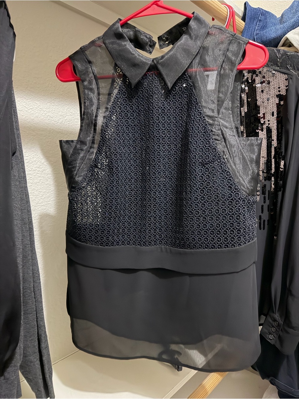 Tahari Black Sleeveless Collared Mesh & Lace Overlay Blouse